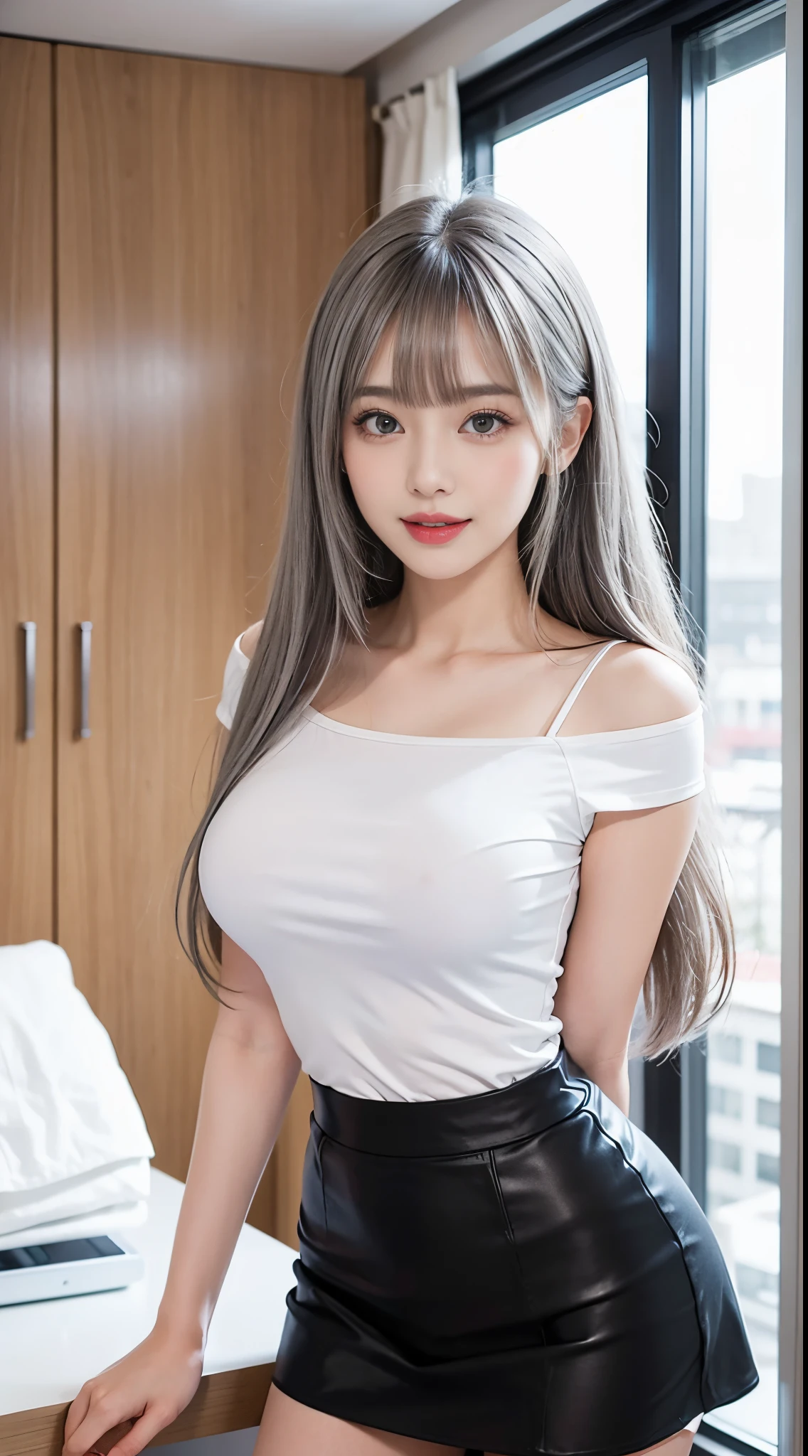 （Girl Standing In Office Changing Room）、（（posterior view））, Silver hair, Bangs, Blunt bangs, Long straight hair, （side poneyTail）aqua eyes, longeyelashes, Solid Circle Eyes, makeup, Open mouth, blush, Parted lips, Bright pupils, smiley, Seductive smile, glint, surrealism, Modern,Career Woman、）（white  shirt、off shoulders）、Black tight skirt、Black pantyhose、high-heels