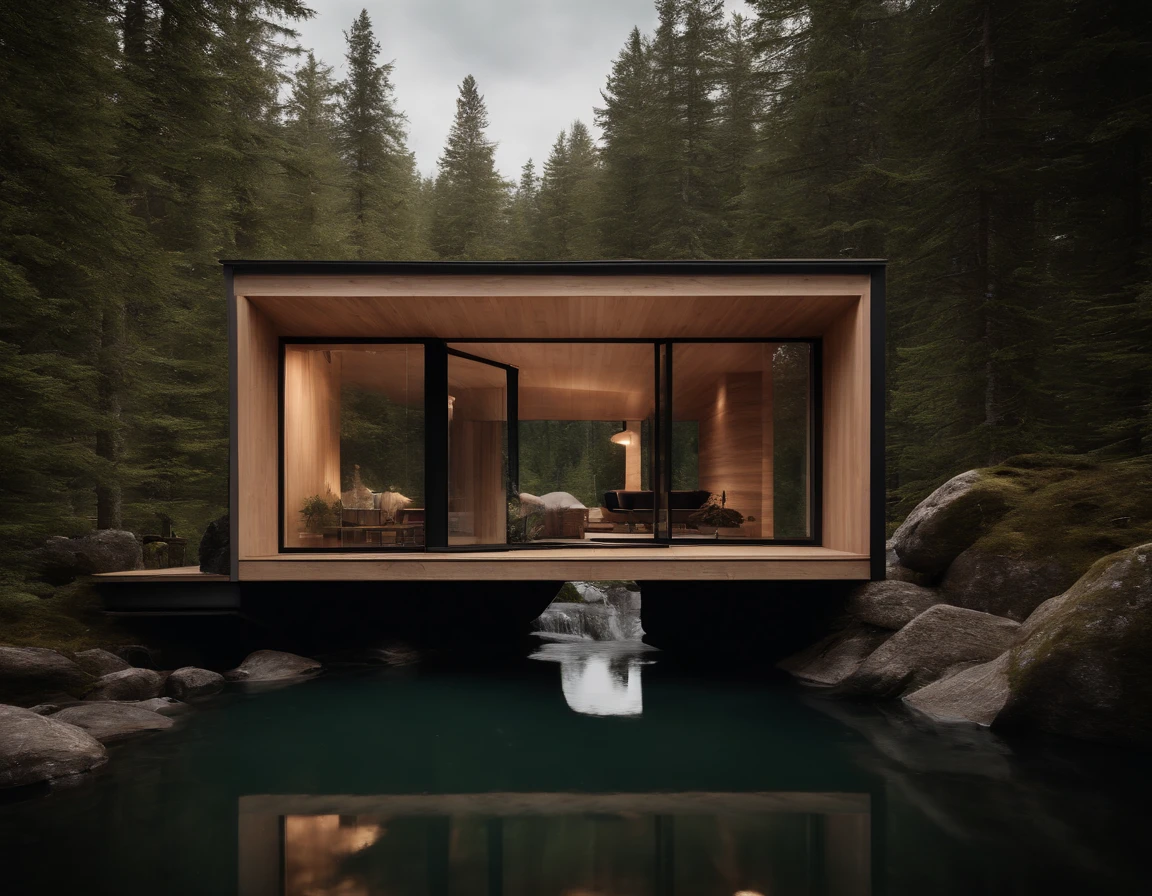 Exterior image of a tiny house duplex house in a Scandinavian nature, standing wood panel, avantgarde, panorama glass windows, forests, waterfall inside atrium, rocks, natural pond of water, inspired bu architect Zaha Hadid