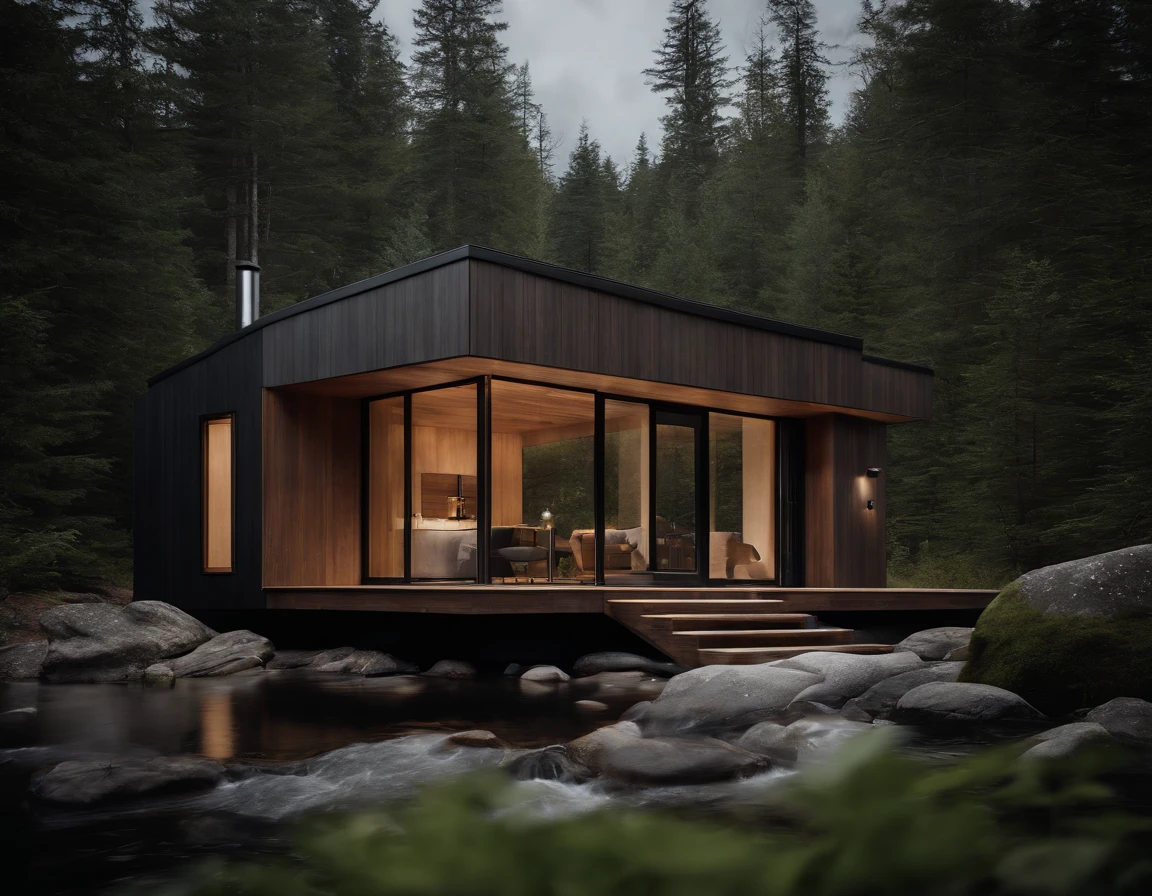Exterior image of a tiny house duplex house in a Scandinavian nature, standing wood panel, avantgarde, panorama glass windows, forests, waterfall inside atrium, rocks, natural pond of water, inspired bu architect Zaha Hadid