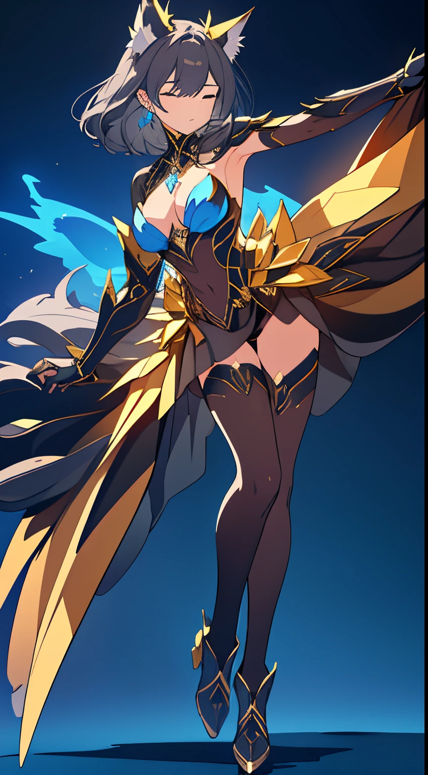 （（Wearing black and gold armor）），（gem outfit ），（Octane rendering 1.1 ），（（The body is wrapped in a blue-gray phantom）），（（Game skin design drawing）），（girl fox），Raised sexy，Blue flames are flying everywhere，feminine expression，Dancing in the air