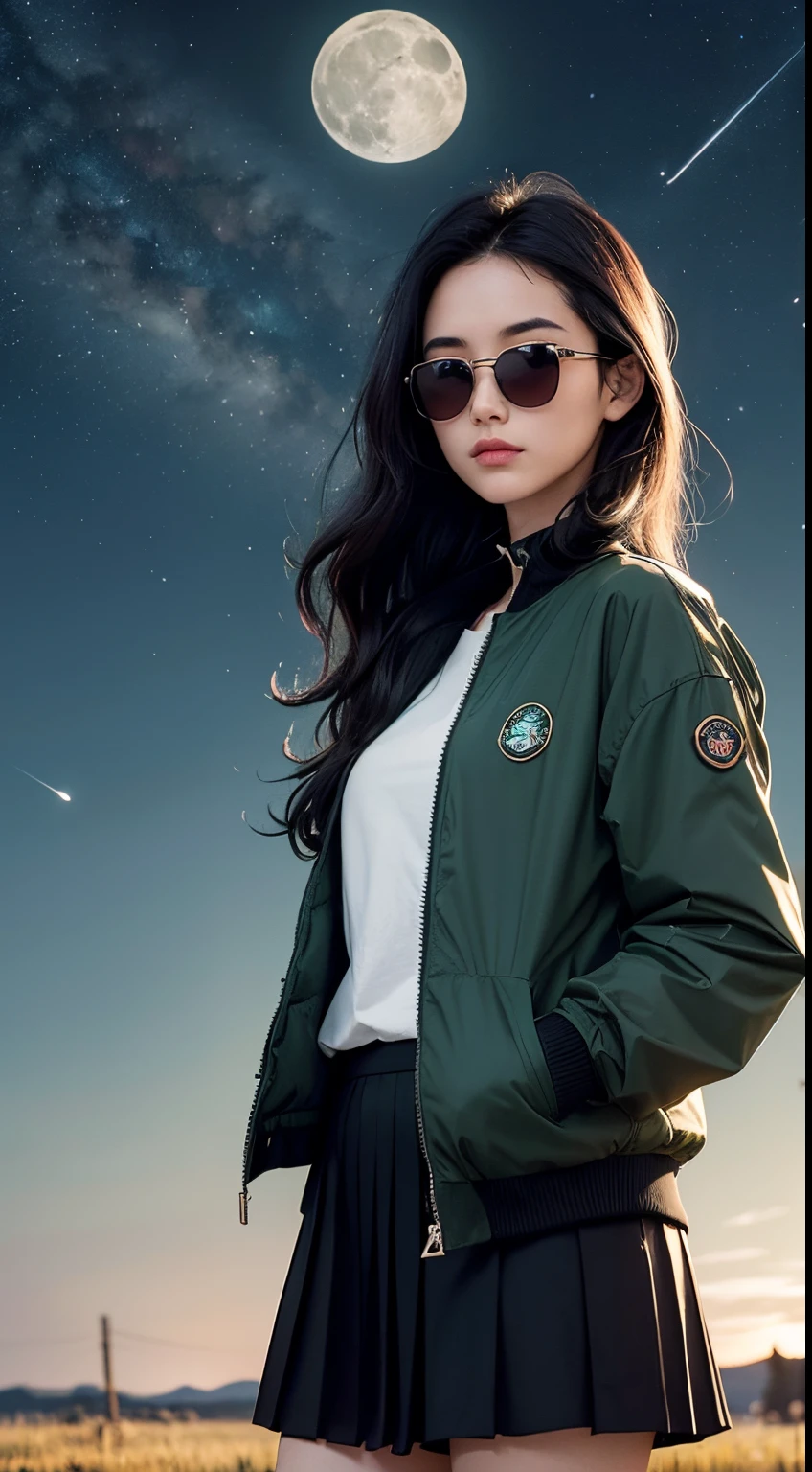 18 year old mature girl, she wears a green jacket, she wore a short black skirt , she has long, wavy black hair, he has a symmetrical face, she wears sunglasses, she is very beautiful and Kawai, she was on the prairie at night, beautiful night sky, stars and moon, wind blowing, very realistic, very detailed