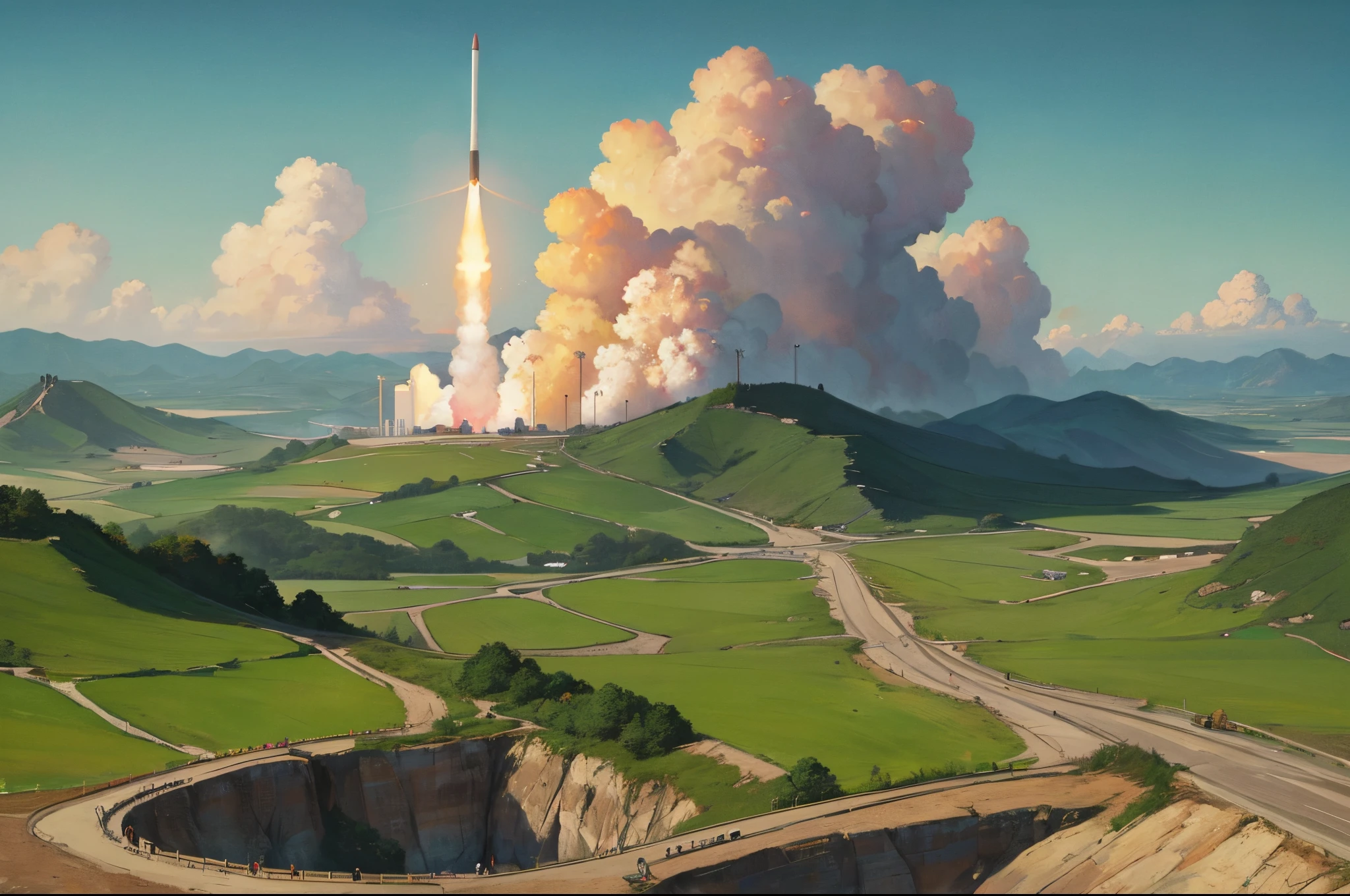 Scenes of rocket launches are shown in the style of Chinese landscape paintings，The figure is 8 meters long，Width 0.5 meters