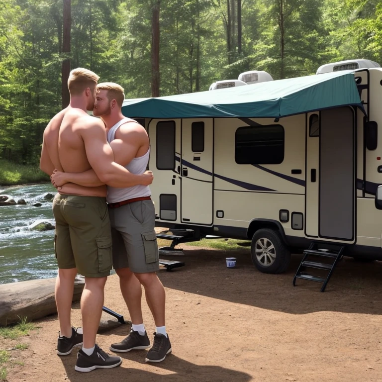 Full body picture, side view, in a campsite by the river, one very big strong college guy, 10 feet tall, very tall, strong young guy, wearing cargo shorts, very strong legs and arms, wide shoulders and hips, blond hair, with [a] short skinny guy [embracing him from behind leaning up for a kiss]
