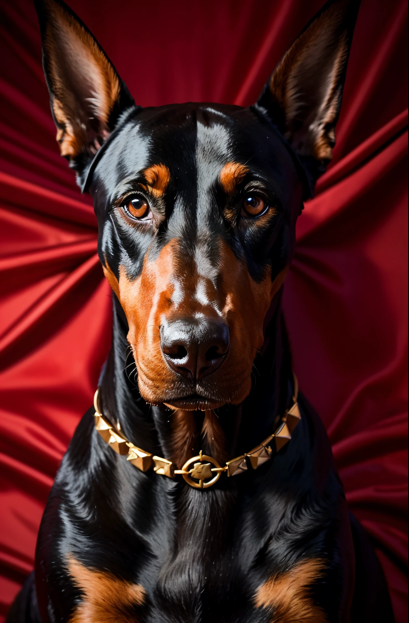 One doberman dog, laying on a red silk satin sheet, red gold studded collar, (cinematic light:1.1), looking at this, (masterpiece:1.2) (photorealistic:1.4) (Red silk satin sheet) sad look, strong dog,