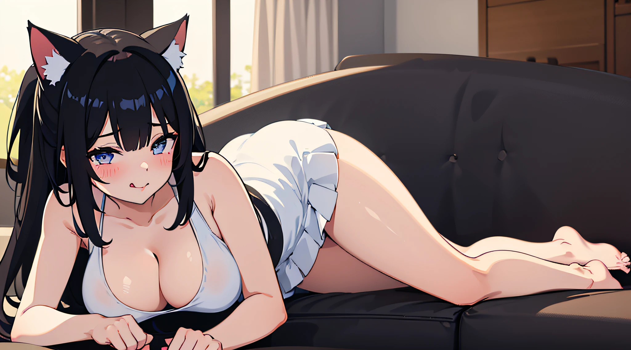 (1 girl) a close up best cat eared waifu doing a paw pose on living room, licking own lips, big breast, white dress, short skirt, black hair, (full body:0.6), blushed face, pixiv contest winner, best anime artstyle, extremely detailed eyes, beautiful eyes finely detailed, 4k illustration