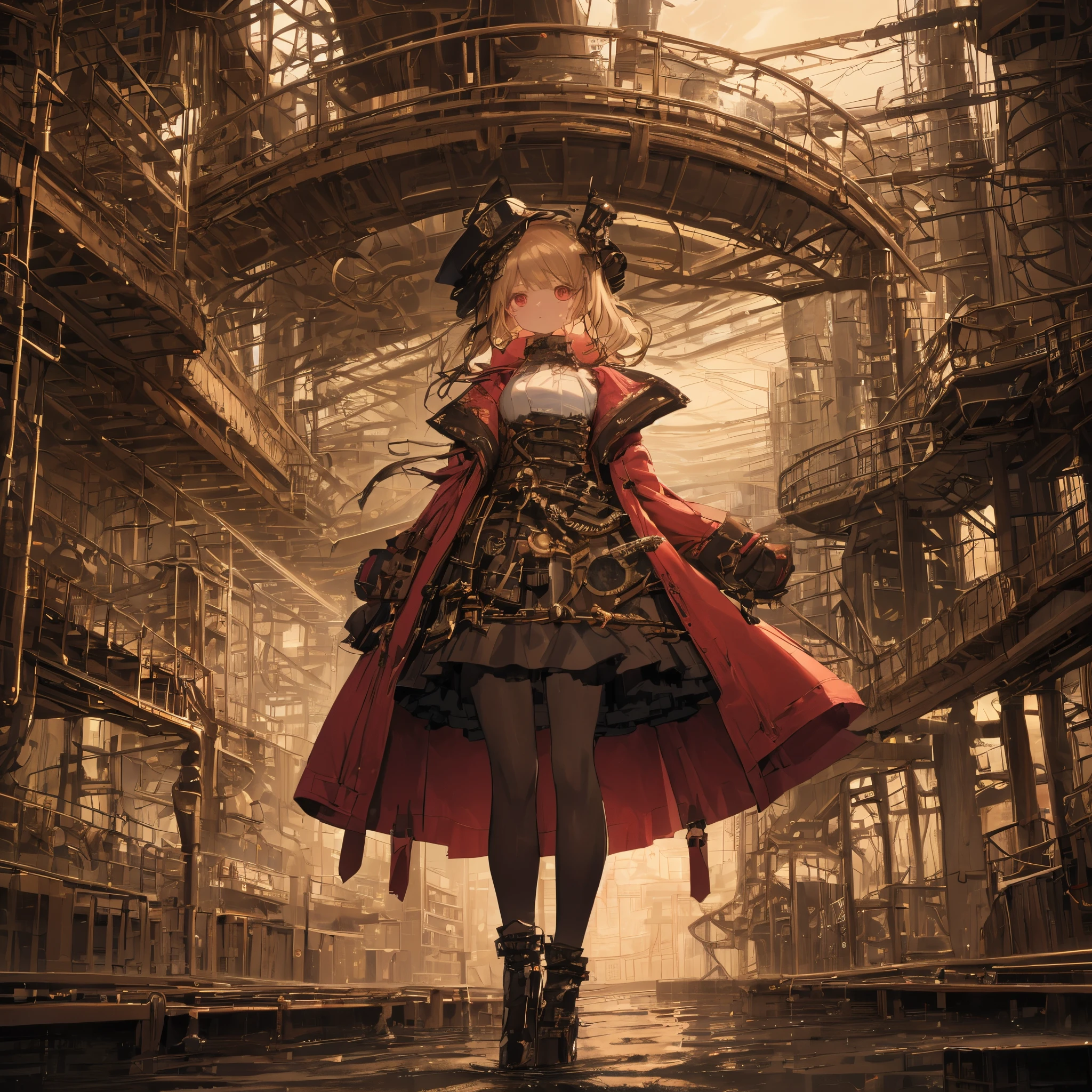 masutepiece, of the highest quality, depiction with artistic precision, Precise depiction, Smooth depiction, Top quality anime-style illustrations, Huge amount of details, immense precision, Inverted triangle composition, Beautiful anime style slender woman, Perfect torso, Perfect proportions, 23 years old, Traveling alone, Oversized coat with steampunk style travel outfit, Beautifully sparkling red eye on the right, Highly accurate fingers, Countless gears, Steampunk world view, Overwhelming, Steam overflowing from countless pipes and countless gears, giant structure, Full body, metallic luster effect, water light effect, neon-light-effect, fluid effect, Bubble effect, high and distant night sky, Loneliness,