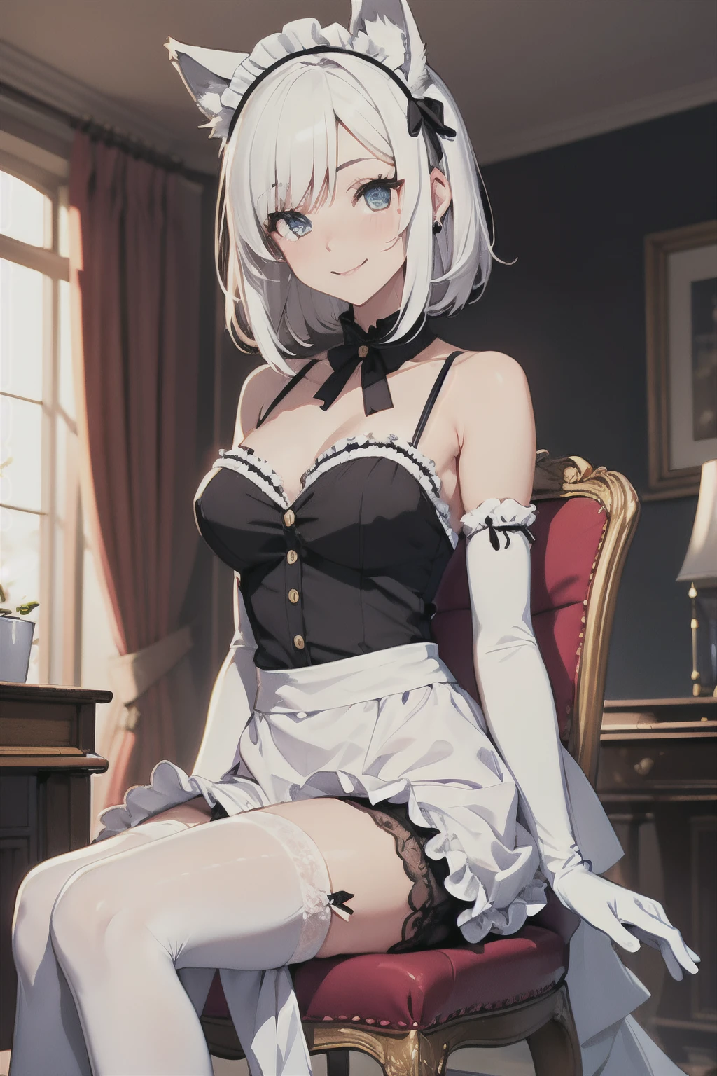 masutepiece Top image quality vivid high-detail One Young Woman((Adults))Anime style White Long Gloves((blanche)(Long gloves)) white stockings((blanche)(Stockings)) maid clothes(Tube Top) Wolf ears shorth hair((short-cut)(White hair)(Habitual hair)(fluffly)) a smile Eye color is blue Sitting on a chair