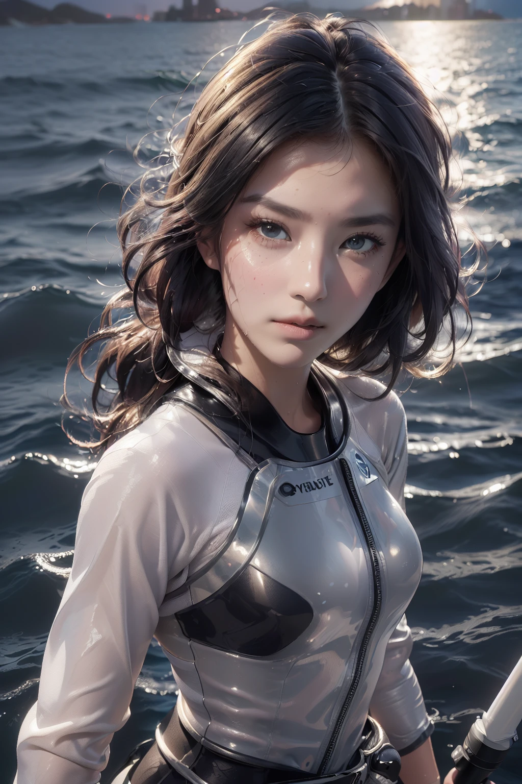 One Girl,A person surfing a big wave, Ocean waves crashing, sunny ocean, Dramatic sky with clouds, Slim and sexy body, Surfers riding the waves, extreme action, Ocean Spray, Wetsuits, Perfect waves, Dynamic Movement, Vibrant colors, photoRealistic, 8k, (Highest quality, 4K, 8k, High resolution, masterpiece:1.2), Very detailed, (Realistic, photoRealistic, photo-Realistic:1.37), High resolution, 超High resolution, Studio Lighting, Very detailed explanation, Professional, Vibrant colors, Action Shots, Sea view,(((Large Breasts))), (((Adult body))),