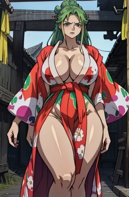 solo, 1 girl, (yukata), very long hair, green hair, angry, yellow eyes, (((muscular))), ((huge tits)), (thick thighs)), ((wide hips)), pale skin