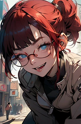 1woman with glasses, Japanese girl, (blunt bangs hairstyle), (fringe cut bangs hairstyle), (The forehead is hidden by bangs), (red hair:1.5), (low pony tail:1.5), (asymmetrical messy hair), (((black-rimmed round glasses))), (((beautifully detailed face))), (((perfect face))), (((Beautiful detailed eyes))), (((perfect eyes))), ((sharp eyes)), (Blue eyes), punk makeup with so many eyelashes and jet black eyeshadow, ((sadistic grinning smile), (open mouth:1.5)), (tanned skin:1.5), (((stand neck coat)), street fashion, sport pants, (Solo), (hand on hip), perfect anatomy, slender, abs, (thin waist), (handsome face:1.3), (crazy smile:0.8), (teeth fangs:1.2), ((Narrowed Eyes)), (((staring at me with a provocative smile))), (half-closed eyes:1.4), (((black thick rimmed glasses))), (high detailed skin), ((top-quality)), ((High Definition)), ((beautiful detailed)), high quality shadow, mostly cloudy sky, ((official art)), octane render, two-tone lighting, (Cyberpunk city street background, detailed background), White balance, Long Exposure, Depth of Field, anatomically correct, (((Best Quality))), (((masterpiece))), (((Super Detail))), (((UHD)))