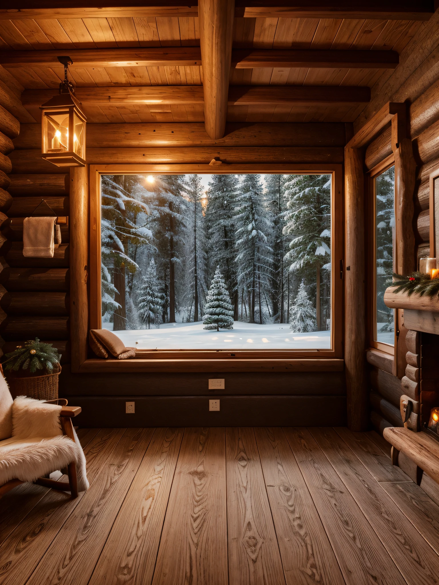 (best quality,highres:1.2,ultra-detailed,realistic),modern cabin interior,window showing winter night,warm fireplace,cozy atmosphere,snow-covered landscape outside,crackling firewood,burning logs,soft candlelight,golden glow,star-filled sky,wood textures,comforting blankets,comfy armchair,hot chocolate,melting snowflakes,peaceful silence,decorative wreath,holiday decorations,christmas tree,flickering candlelight,cozy winter retreat,warm hearth,woolen socks,crisp air,quiet snowy night,winter wonderland,log cabin charm,vintage decorations,frosty window panes,soft glow of moonlight,dreamy ambiance,steaming hot tea,roaring fire,alpine getaway,winter solstice,serene setting,natural beauty,romantic hideaway,woolen mittens,quiet solitude,enchanting night scene,cabin in the woods,captivating tranquility, ((flat wooden surface as foreground of the image:1.4)).