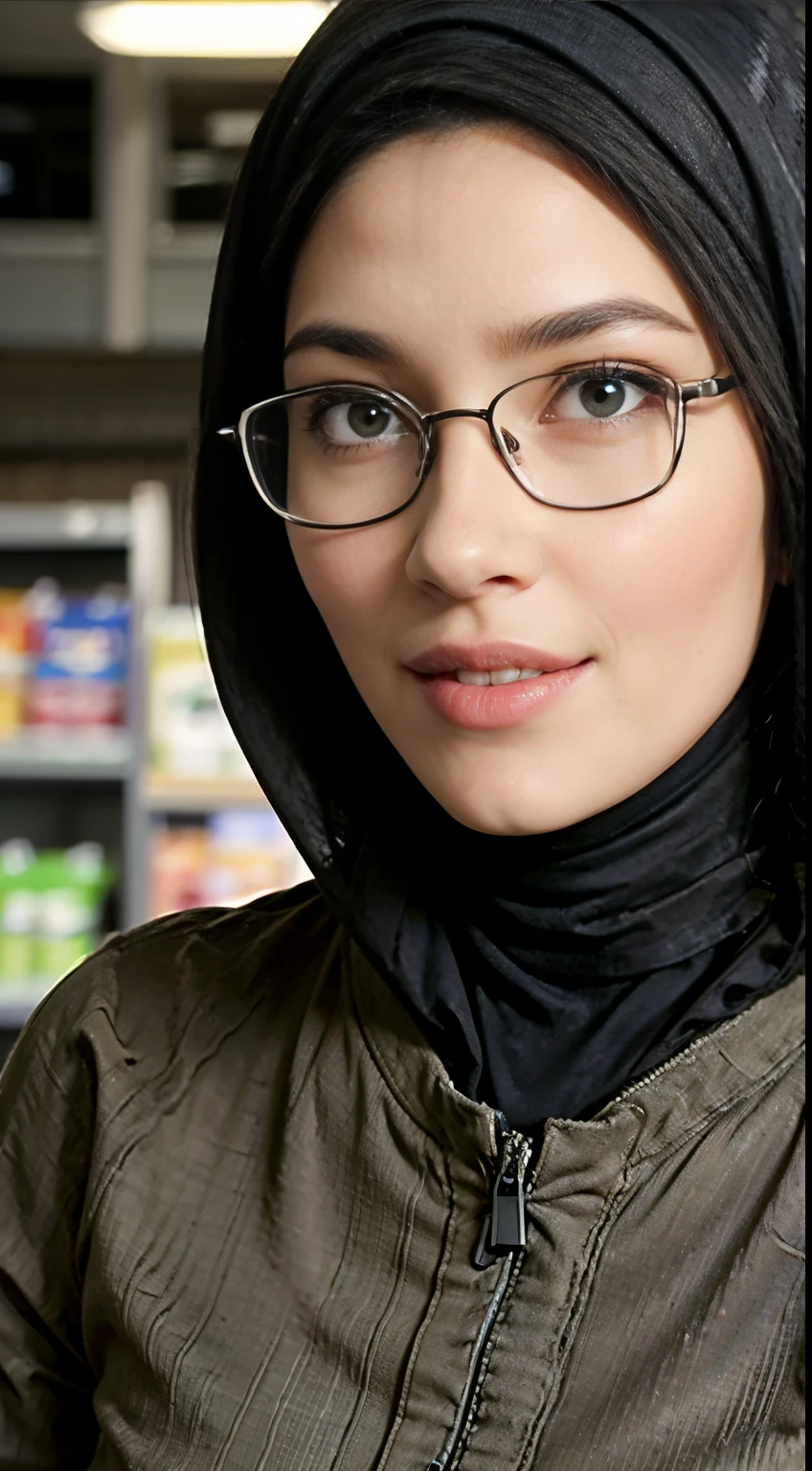 (supermarket:1), afternoon, ((arabian hijab)), eyeglass, light brown fringe short hair, light brown eyes, 1girl, innocent, (photorealistic), (intricate details:1.2),(masterpiece, :1.3),(best quality:1.4), (ultra highres:1.2), ultra high res, (detailed eyes), (detailed facial features), HDR, 8k resolution, (lens flare:0.7), turn around, busy on examine report, face viwer