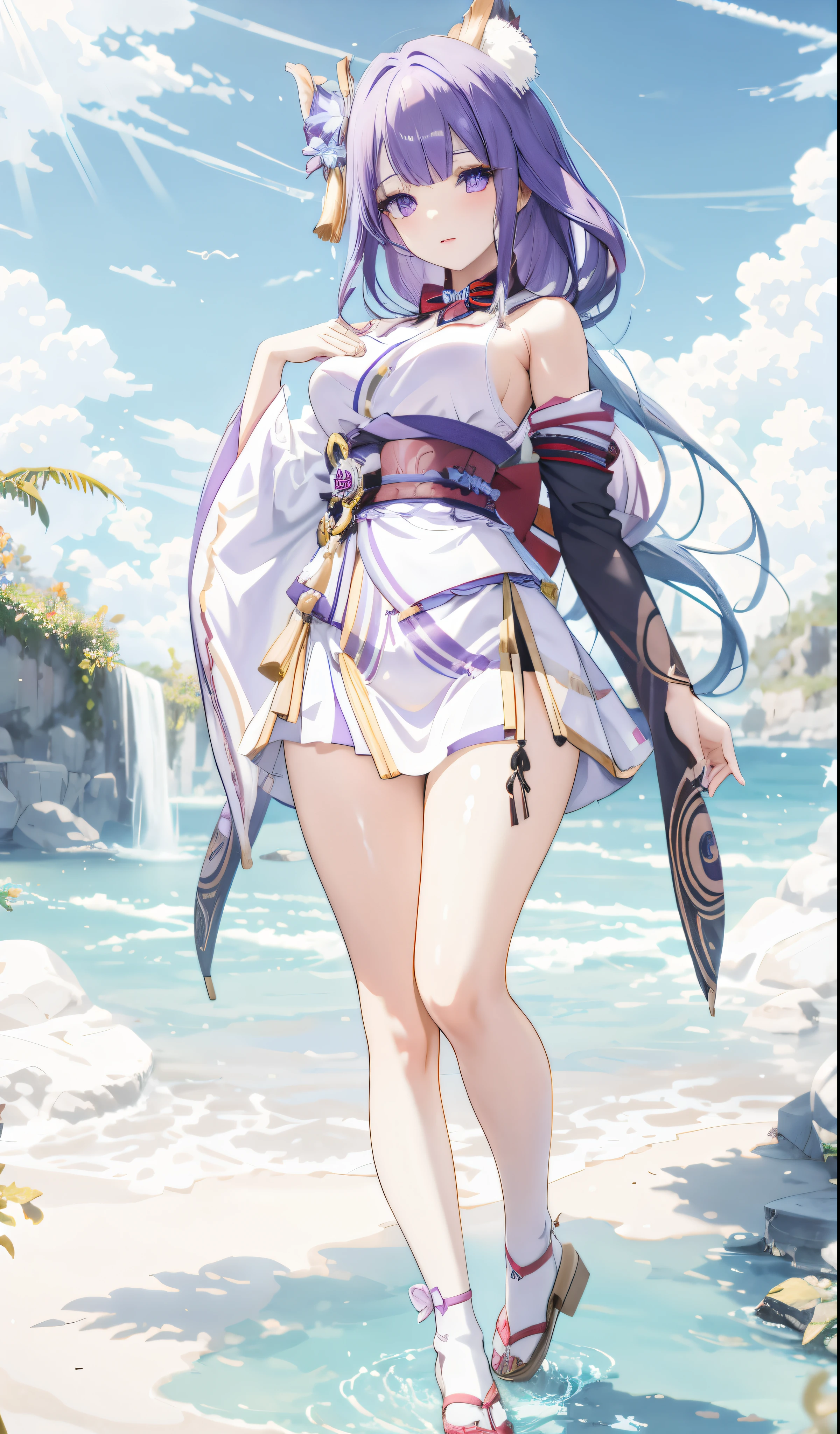 1girl, yuna \(ff10\), final fantasy, 1girl, vibrant colors, tropical setting, flower crown,masterpiece, best quality, absurdres,