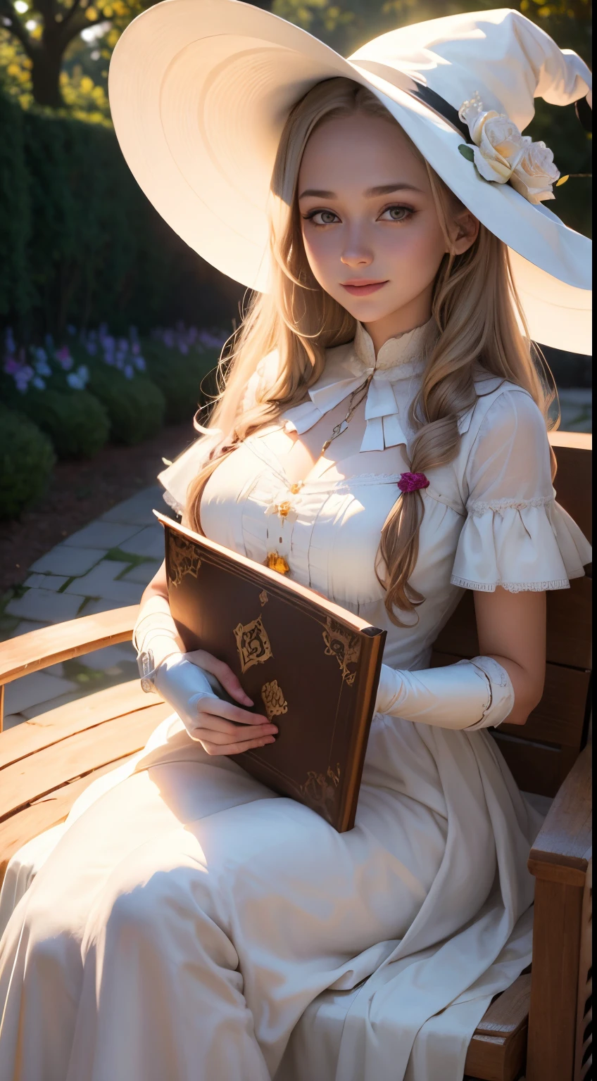 Beautiful Young Witch, The girl smiles sweetly, His face is illuminated by the bright rays of the sun, The girl is dressed in a white dress, witch&#39;s hat on the head, The perfect female face of the goddess, Деталь 8k, photo realistic style, sharp-focus, Professional lighting, colorful details, The painting is built according to the rule of the golden ratio, Around the garden of white roses, full-arm-gloves, Girl reading a huge ancient book