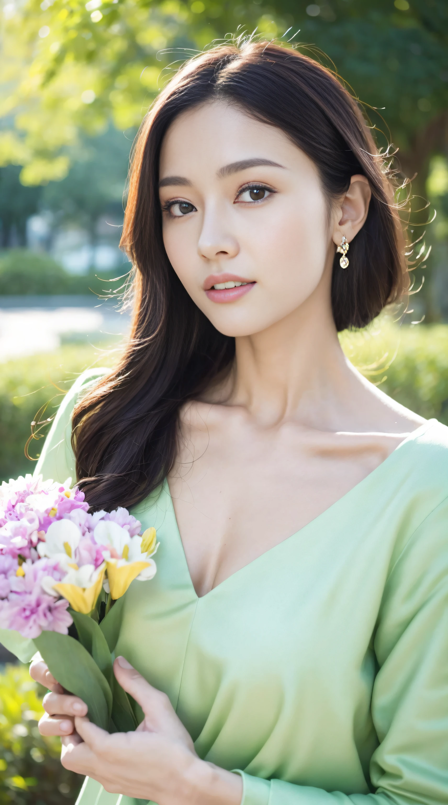 Fashion model 18 years old [[[[Close-up cleavage]]]], [[[[climaxing]]]], [[[[Cole]]]], [[[[bshoulder]]]], perfect  eyes, Perfect iris，perfect lips，perfect teeth，Perfect Skin，with fair skin，HighDynamicRange，Movie Girl，(s delicate face)，(Highly defined faces)，pink casual wear，The background is green trees，fresh flowers，4K Ultra HD, 超高分辨率, (realisticlying: 1.4), Best quality at best，tmasterpiece，（pastel colour：1.2）