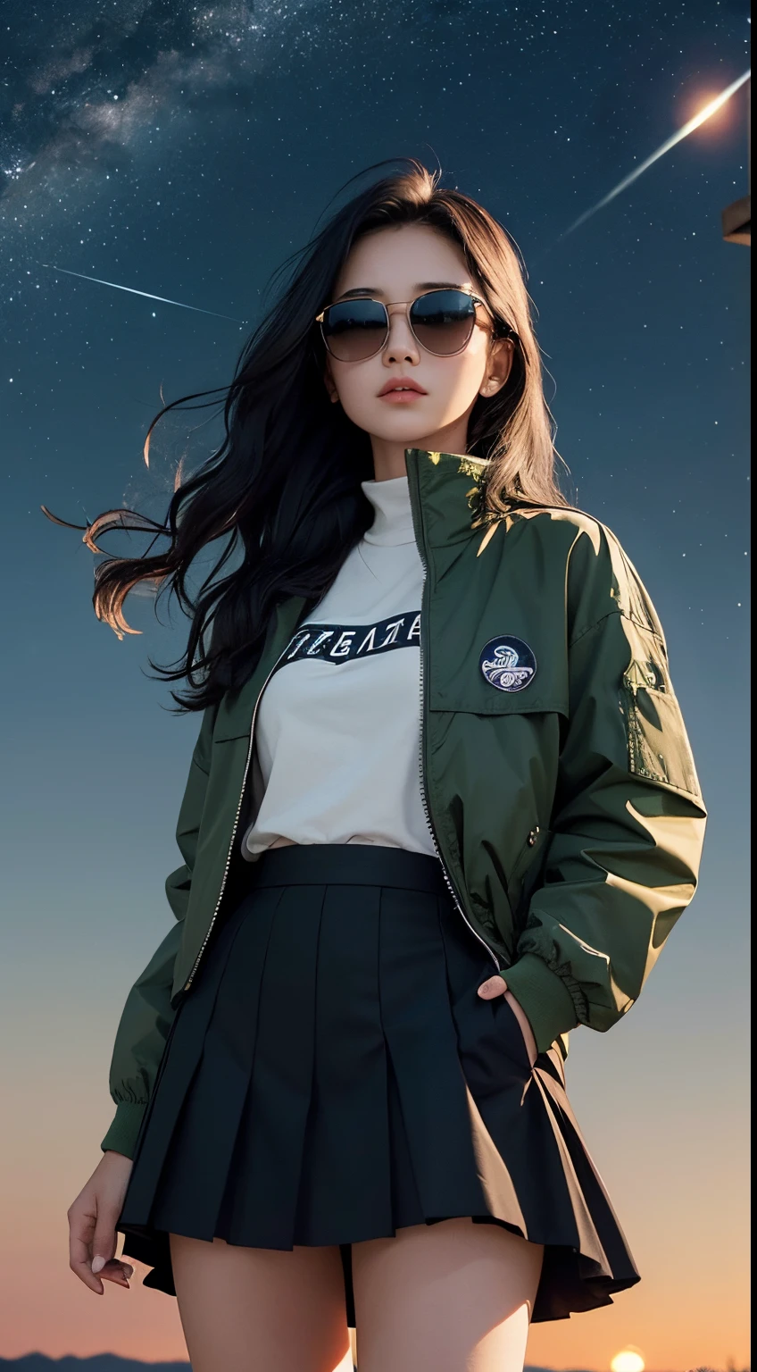 18 year old mature girl, she wears a green jacket, she wore a short black skirt , she has long, wavy black hair, she wears sunglasses, she is very beautiful and Kawai, she was on the prairie at night, beautiful night sky, stars and moon, wind blowing, very realistic, very detailed