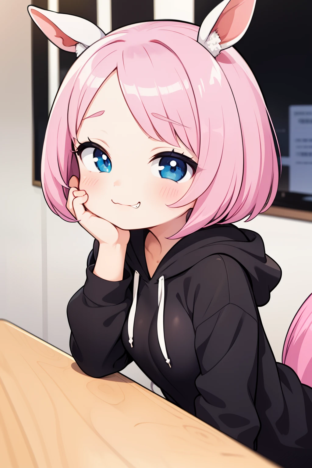 1个Giant Breast Girl, grinning smile, :3, dual horsetail, The upper part of the body, Put your hands to your mouth, looking at viewert, half closed eye, hoody, with pink hair, eBlue eyes,