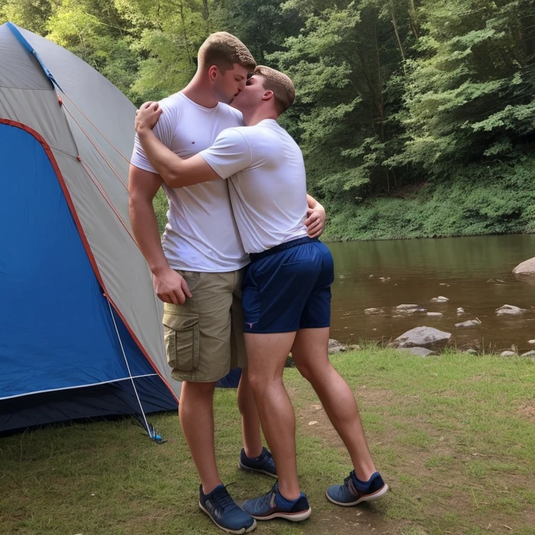 Full body picture, side view, in a campsite by the river, one very big strong college guy, 10 feet tall, very tall, strong young guy, wearing cargo shorts, very strong legs and arms, wide shoulders and hips, blond hair, with [a] short skinny guy [embracing him from behind leaning up for a kiss]