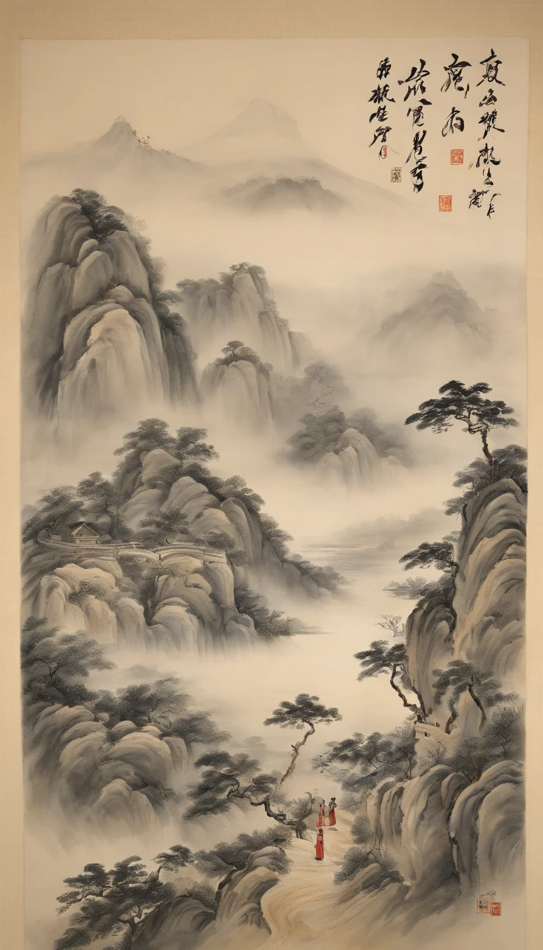 Chinese figure landscape painting，Ink painting and watercolor，larger ancient figures，The scholar，Lao Tzu，disciple，ink，Faraway view，Ultra-wide viewing angle，meticuloso，low saturation in distant view，low-contrast，Beautifully depicted，Acura，Works of masters，tmasterpiece