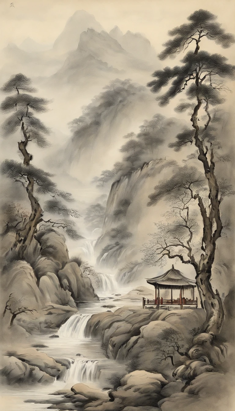 Chinese figure landscape painting,Ink painting and watercolor,larger ancient figures,The scholar,Lao Tzu,disciple,ink,Faraway view,Ultra-wide viewing angle,meticuloso,low saturation in distant view,low-contrast,Beautifully depicted,Acura,Works of masters,tmasterpiece