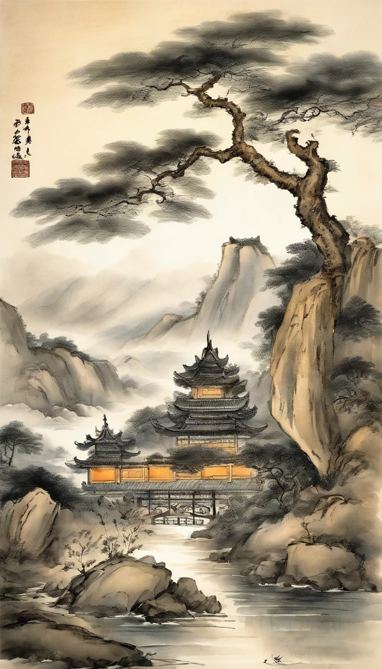 Chinese figure landscape painting，Ink painting and watercolor，larger ancient figures，The scholar，Lao Tzu，disciple，ink，Faraway view，Ultra-wide viewing angle，meticuloso，low saturation in distant view，low-contrast，Beautifully depicted，Acura，Works of masters，tmasterpiece