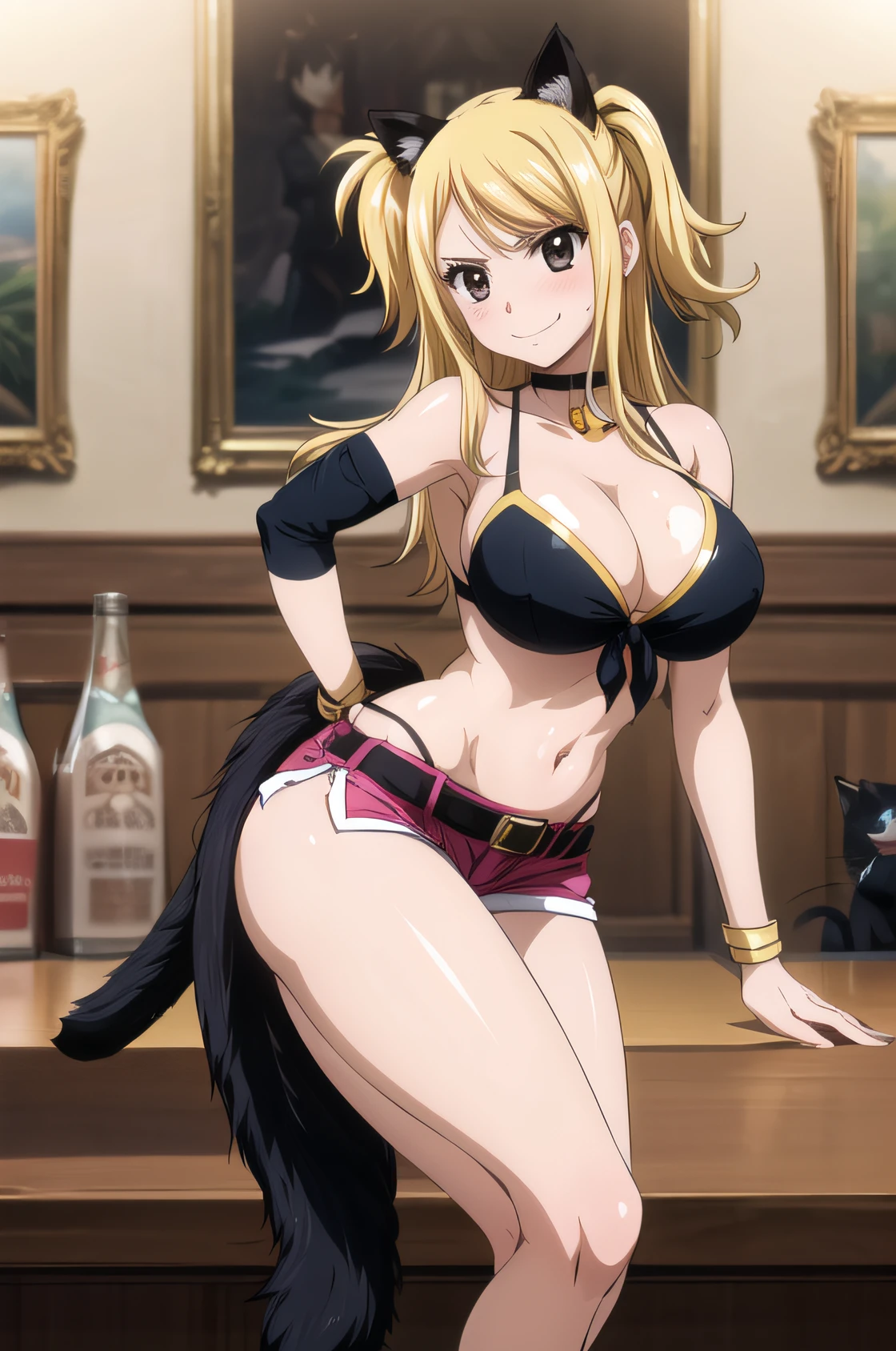 (8k uhd, masterpiece, best quality, high quality, absurdres, ultra-detailed), Lucy Heartfilia,,(standing one leg,) ,(black cat suit,thin fabric,(neckband tight,red neckband with a golden bell),pink edges,cat ears,black micro shorts,red belt) ,(cleavage,underboobs,midriff),(store,table,golden keys), (large breasts),,,(brown eyes),(big breasts:1.2) , , lucy heartfilia, long hair, blonde hair,(straight on),(),(perfect face), blushing ,beautiful hair ,(smile seductive),(gyaru),(only 1girl),,(forehead),(big butt)