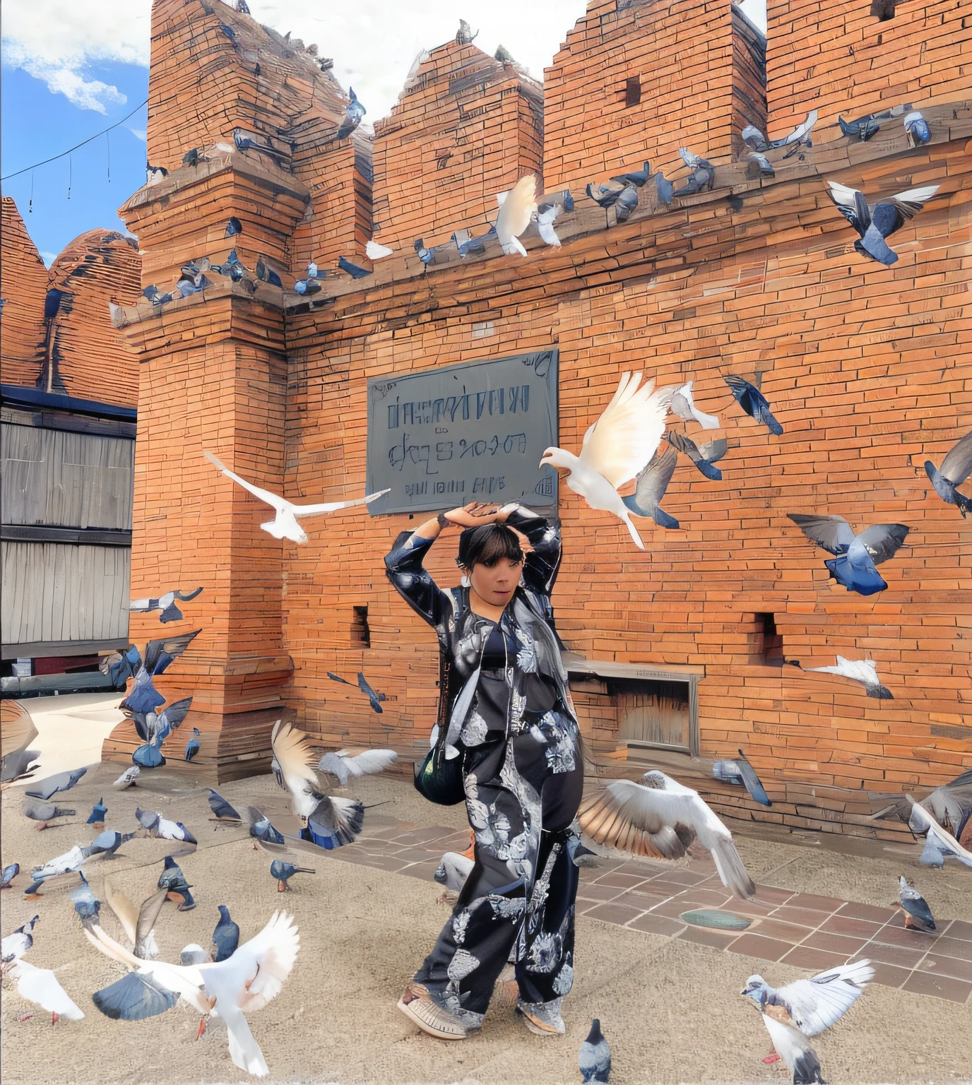 there is a woman that is standing in front of a flock of pigeons, with great birds, in style of thawan duchanee, at an ancient city, wearing demobaza fashion, birds are all over the ground, doves flying into the portal, standing in a buddhist temple, wonderful masterpiece, majestic big dove wings, inspired by Weiwei