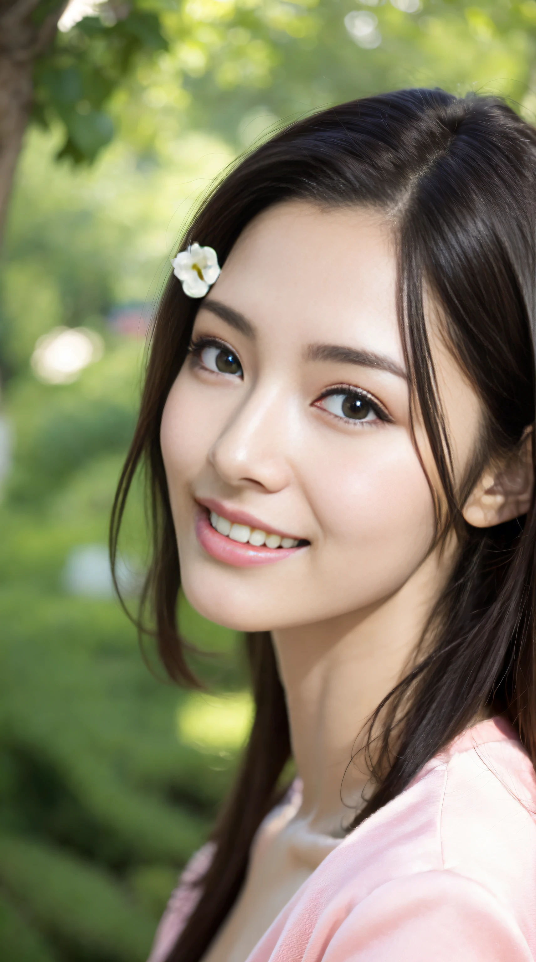 Fashion model 18 years old [[[[Close-up cleavage]]]], [[[[climaxing]]]], [[[[Cole]]]], [[[[bshoulder]]]], perfect  eyes, Perfect iris，perfect lips，perfect teeth，Perfect Skin，with fair skin，HighDynamicRange，Movie Girl，(s delicate face)，(Highly defined faces)，pink casual wear，The background is green trees，fresh flowers，4K Ultra HD, 超高分辨率, (realisticlying: 1.4), Best quality at best，tmasterpiece，（pastel colour：1.2）