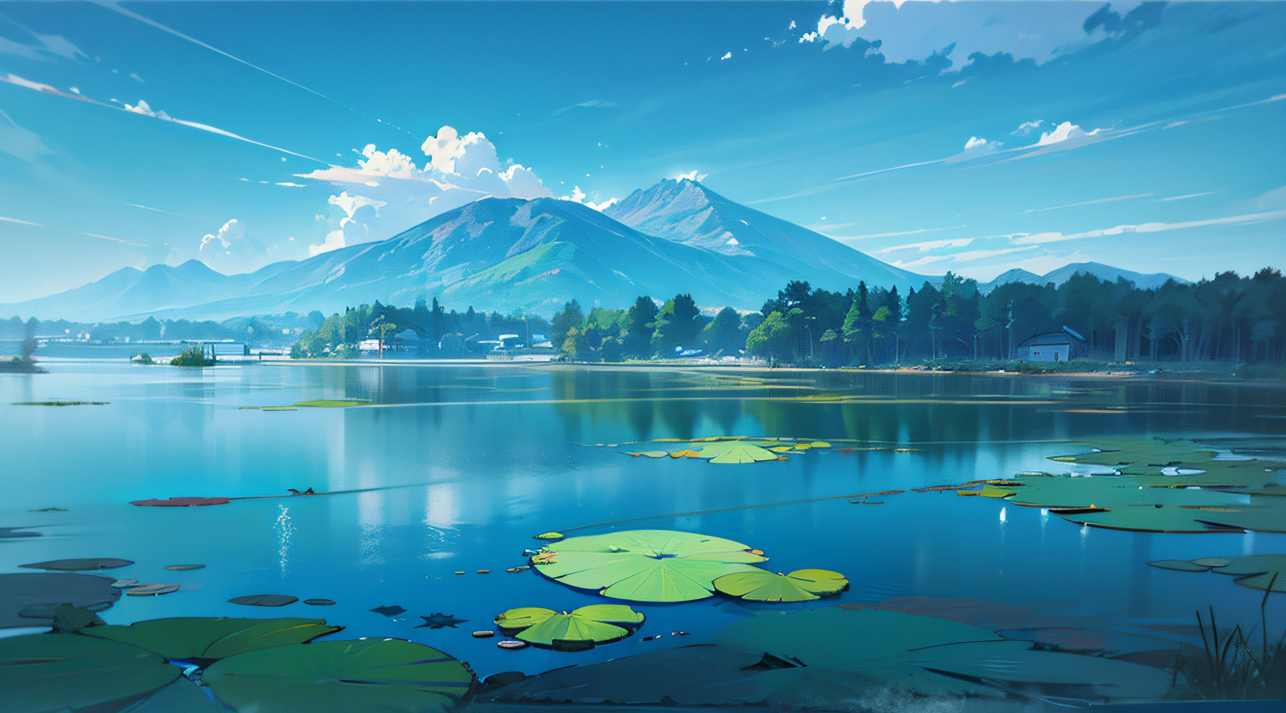 (ghibli style background illustration), a lake with water lilies, a mountain, forest under the mountain, blue sky with cloud, ((far away, high angle))