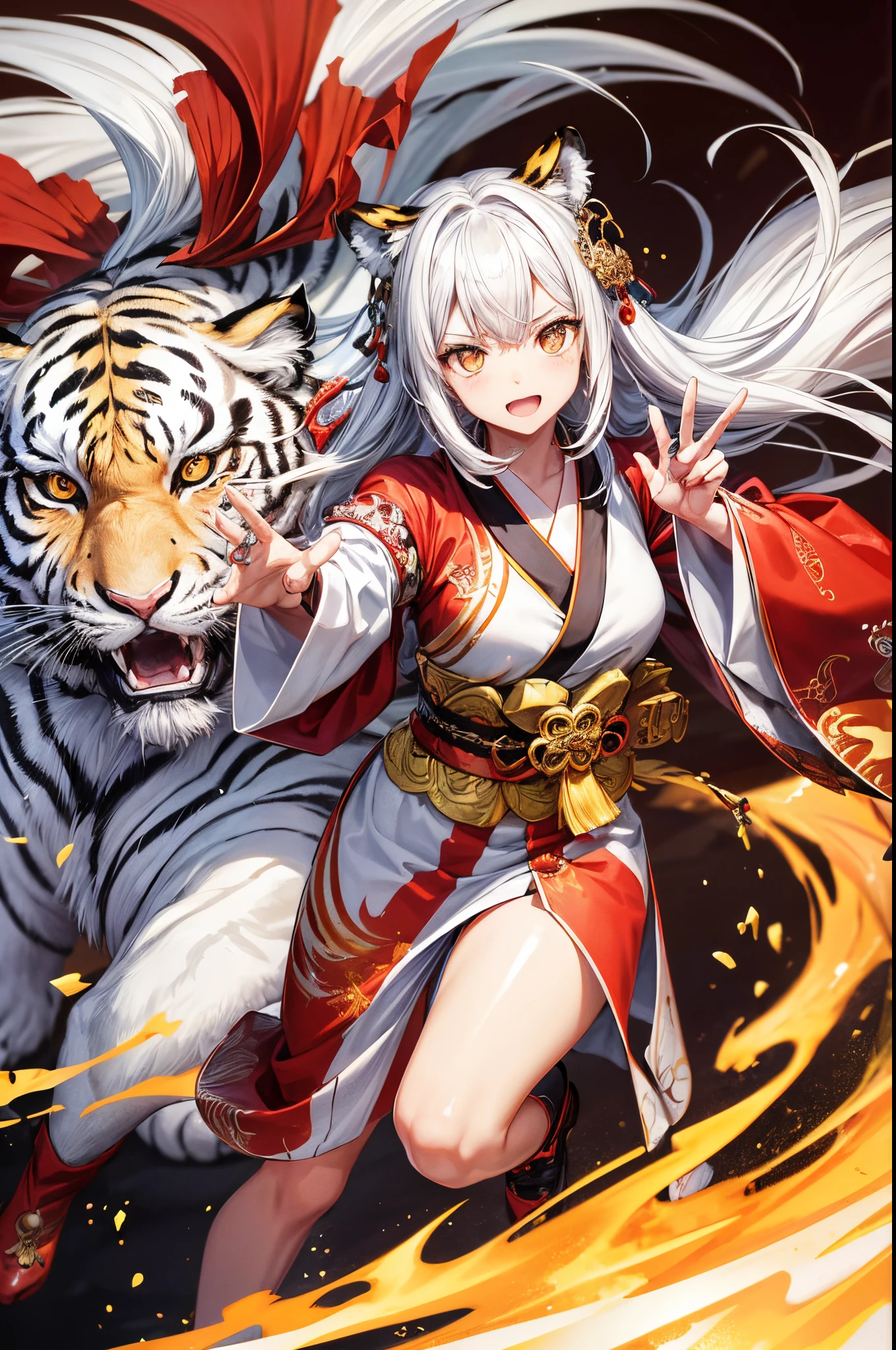 (Splash Art), (masutepiece ,Best Quality:1.2), 1 ,  Detailed face, 、 White hair, colourfull, Cute anime girl、Tiger ears、Precision Line, manticore, Tiger and White Tiger, Gold-sprinkled background