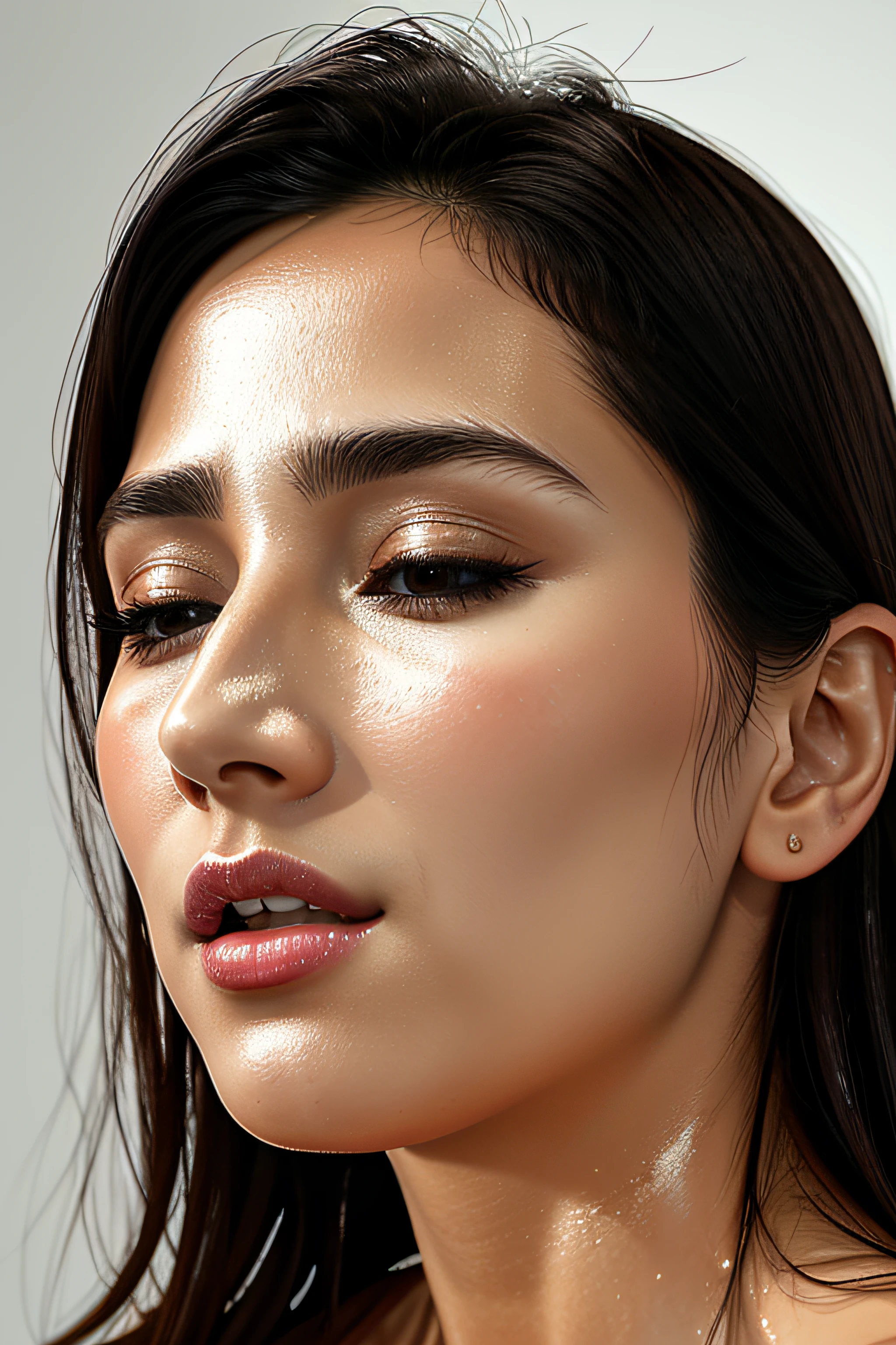 1girl in.masutepiece,,award - winning photo, Extremely detailed, sharp focus on eyes, Nose and Mouth,Face Focus, Woman with mouth open and eyes closed, Black camisole、32years old,A dark-haired、Wrinkles in the eyes:1.0、Symmetrical face,Realistic nostrils、Angle from below、elongated C-shaped nostrils,,,,,,,,,,,,,,,,,NSFW,Inside a Chanel store、Lighting that emphasizes skin glowing with sweat、((sharp nose))Skin shiny with sweat、shinny skin、(Trembling girl)vaginal,SEX,Back,wet and shiny lips、Wide-angle lens distortion removal、