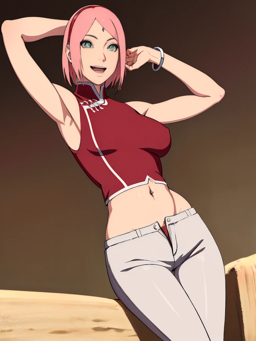 masterpiece, 4k, portrait, cowboy shot, (PLAYGROUND BACKGROUND), professional artwork, intricate details, colorful, digital blending, (ultra detailed body, ultra detail hair, ultra detail face), trending on pixiv, kind smile, best quality, anime style: 1.9, 1girl, hires, haruno sakura, (forehead mark, milf, red hairband, pale skin, (small breasts), short hair, ((red sleeveless dress), white pants), ((navel, belly button), slender body, slender belly, bracelet, pink hair, open mouth, big eyes), smile, beach, wind, floating hair, detailed arms, off-shoulders, broad shoulders, (((both) hands spreading to both sides)), fancy couch, relaxing, laying, talking, looking at the viewer))), (((flexing))), (((ultra detailed arms)))). (((curvy: 1.2)))