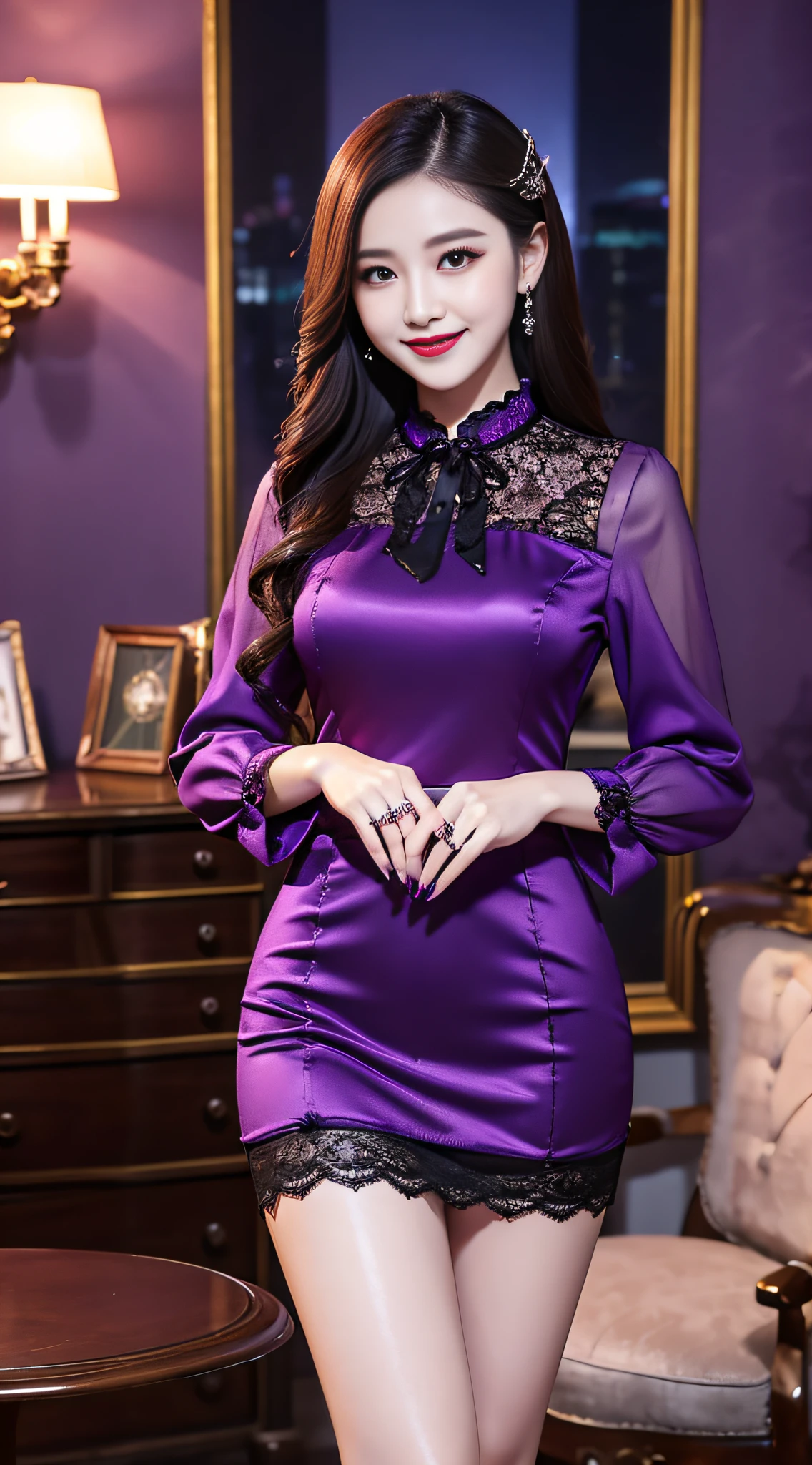 Charming beauties、hostess dresses、Evil Female Executive、blouse、tight skirts、Evil Fall、dark、brainwash、panthyhose、lacy fabric、Glossy legs、Purple lipstick、purple nail polish、Invincible smile、grinning evily、Suspicious look、darkened room、Night、wicked