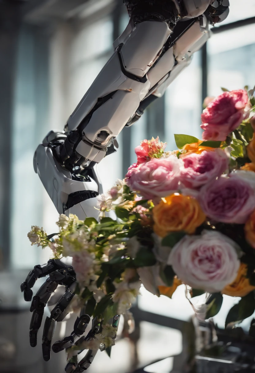 A close-up photo of a robotic arm delicately arranging a bouquet of flowers,Portal series,GLaDOS is a robot suspended from the ceiling