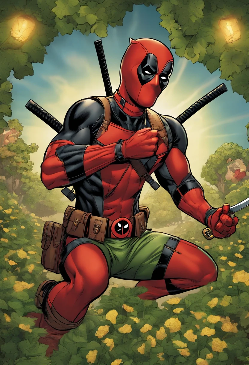 Deadpool causing mischief with a group of leprechauns in a colorful rainbow field,Deadpool,Deadpool, the unconventional anti-hero from Marvel Comics, is known for his distinctive red and black suit, complete with a mask that covers his entire face, hiding his disfigured skin caused by advanced cancer and experimental healing factor. His appearance is athletic and agile, suitable for his acrobatic fighting style.