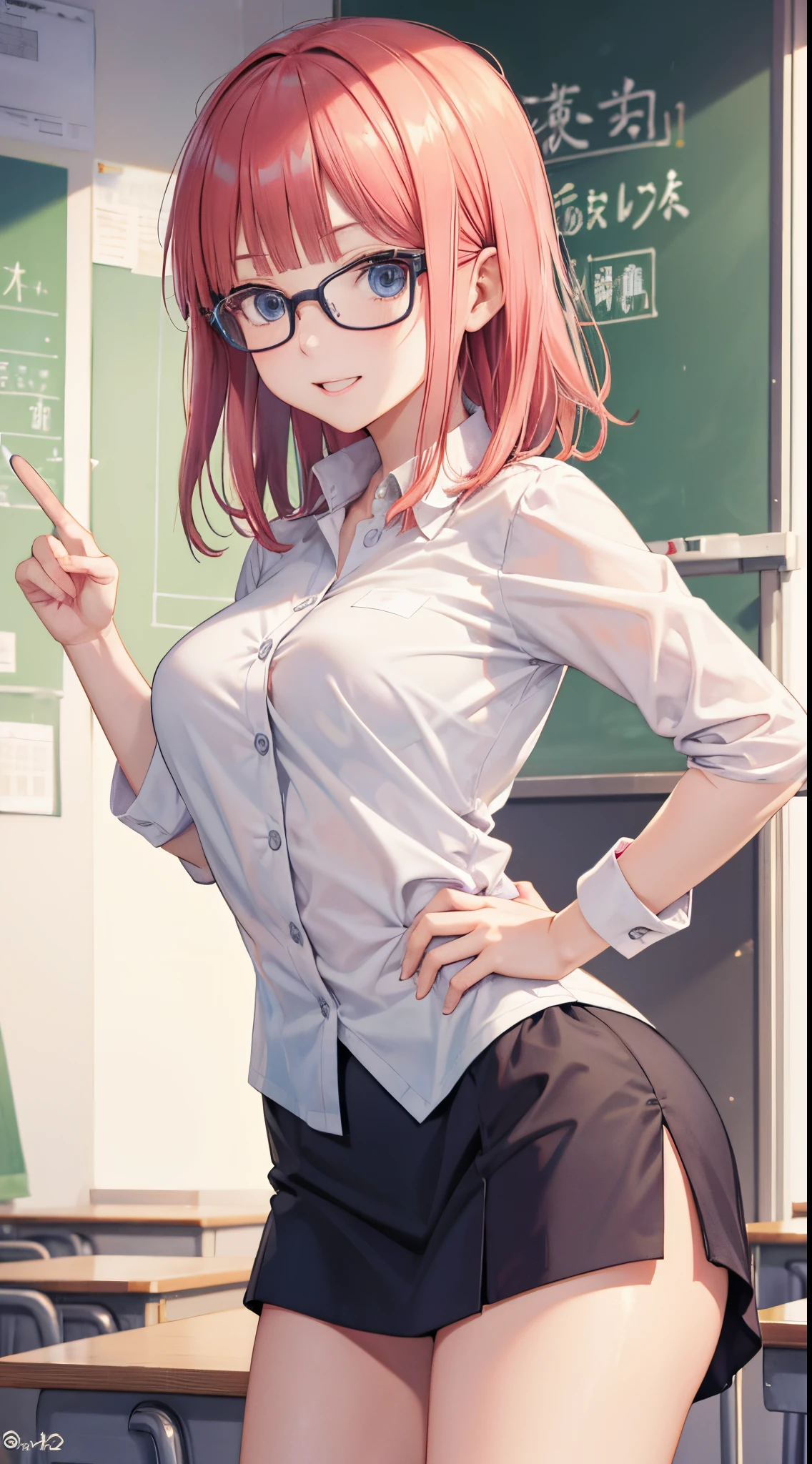 Nino Nakano riendo,manos detalladas,lentes,Pose sexy,uniforme de maestra escolar manga larga,Classroom