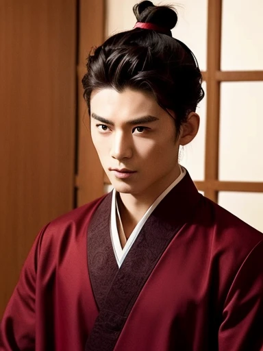 three kingdoms、Han people、Best Quality,  1boy, Solo, Asian, ((Upper body:1.3))、hair in bun、hair tied up