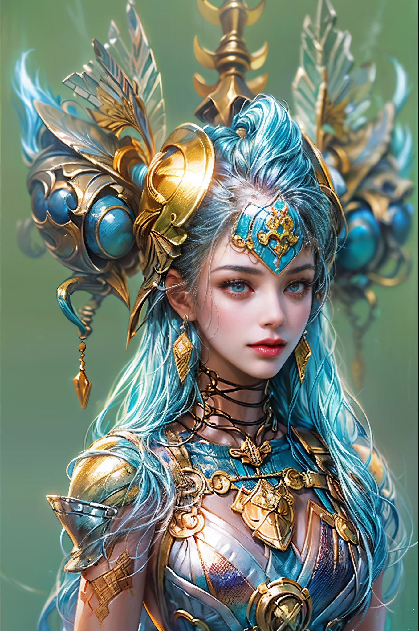 (absurd res, A high resolution, ultra - detailed, HighDynamicRange), tmasterpiece, Best quality at best, ((Wizard of Oz Characters, Beautiful young girl wearing detailed headdress, 详细的脸, delicated face, Stroll around town , Detailed characters, Detailed outdoors,anatomy correct,Wearing golden futuristic technology titanium alloy armor: 1.5,head to toe,Crystal heels,standing on your feet)), (Very long double ponytail, blue hairs: 1.5), exquisite facial features,Perfect hand features,anatomy correct,golden section of body,jinxlol, (full bodyesbian, Legs and shoes are visible: 1.2)