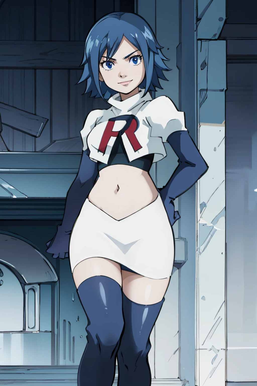 JUVIAJFT ,team rocket uniform, red letter R, white skirt,white crop top,black thigh-highs,black elbow gloves, smile, blue eyes, cowboy shot, posing