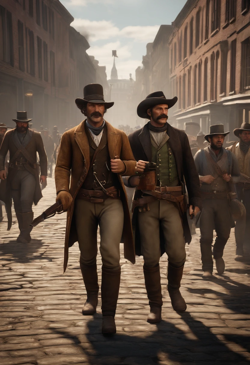 A picture of Dutch leading a group of rebels in a protest march through the city streets.,Red Dead Redemption 2,Well groomed man in late forties early fifties. Oily black hair which is swept back, neatly trimmed black moustache with patch of beard on his chin. Favours a black pork pie fedora hat.