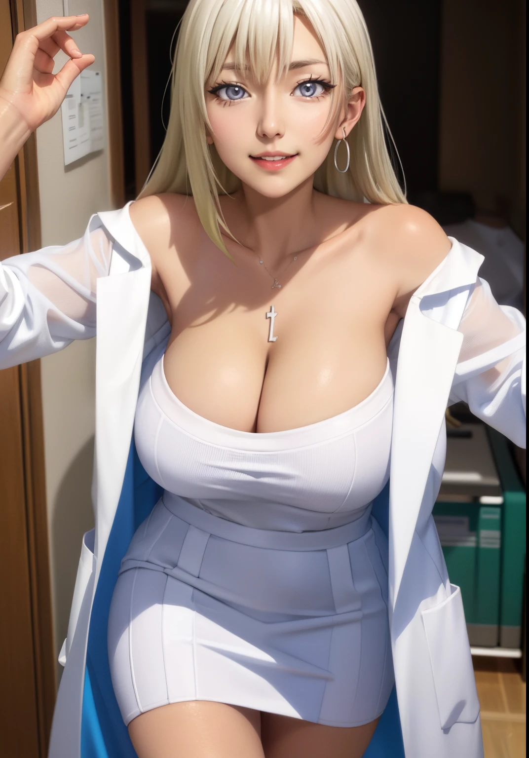 Posing anime character wearing short skirt and white coat, with white coat, wearing lab coat, (doctor), professor clothes, doctor, Fine details、 wearing a white hospital gown, , Grinning、huge tit、Off-shoulder knit dress made of vertically ribbed fabric