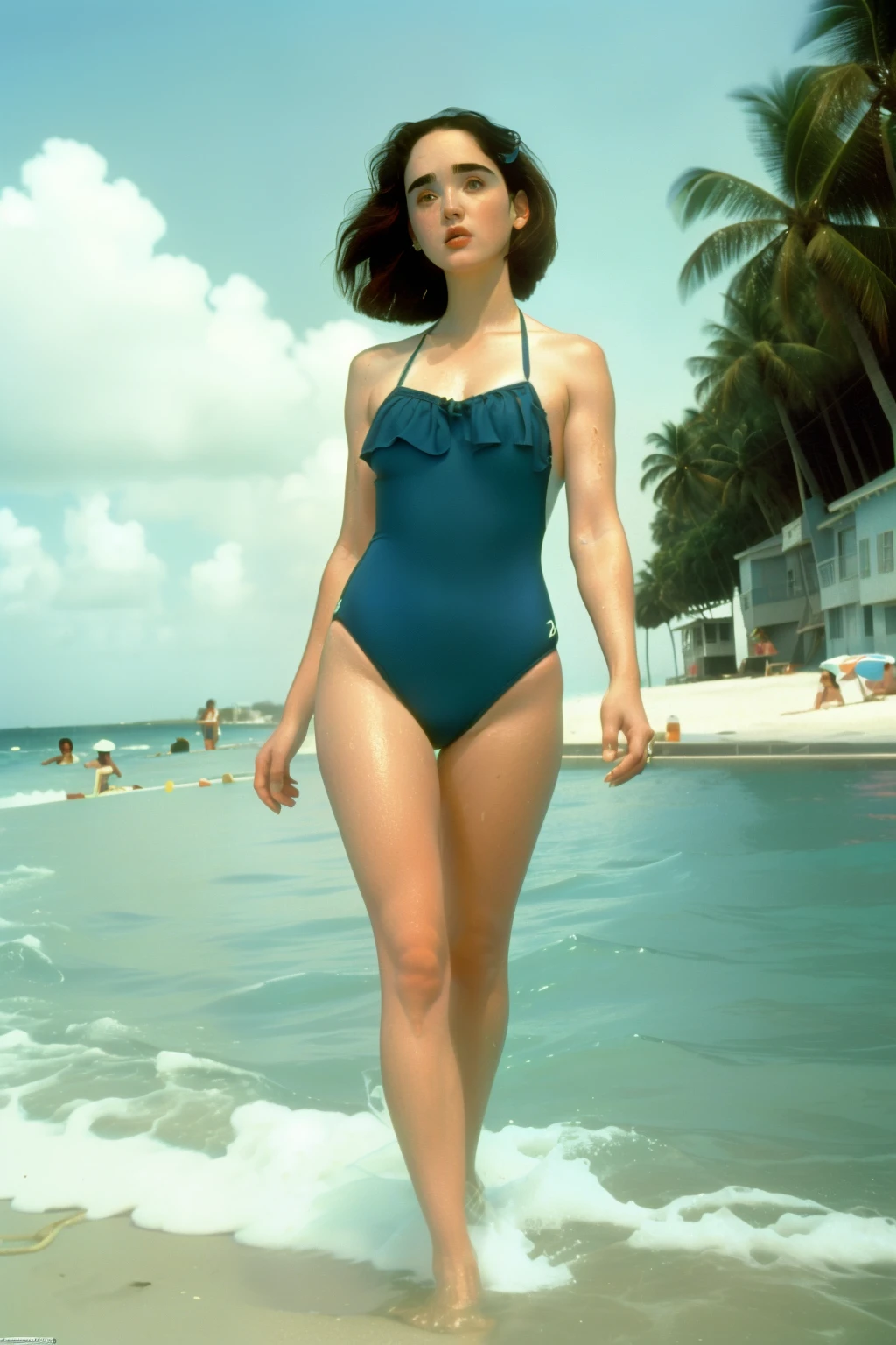 England, 1990. A young (((()) Margery Fitzgerald)), 50mm, beautiful, intelligent, expressive eyes, graceful demeanour, outdoors, ((sad expression)), David Hamilton style, overdeveloped, 90s, granulated picture, masterpiece, best quality, photo-realistic,, bare shoulders, full body, pool