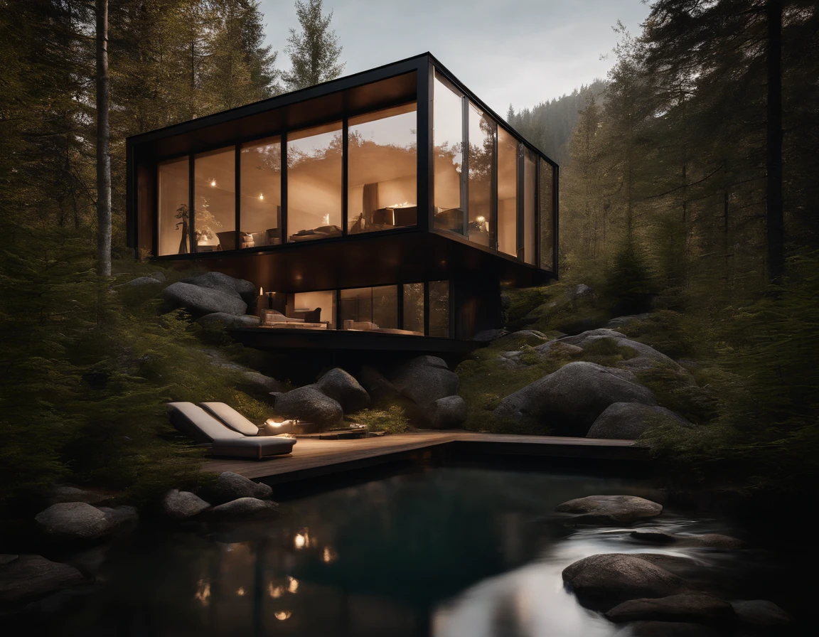 Exterior image of a tiny house duplex house in a Scandinavian nature, standing wood panel, avantgarde, waterfall, panorama glass windows, forests, waterfall inside atrium, rocks, natural pond of water, inspired bu architect Zaha Hadid