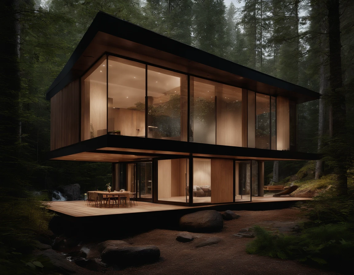 Exterior image of a tiny house duplex house in a Scandinavian nature, standing wood panel, avantgarde, waterfall, panorama glass windows, forests, waterfall inside atrium, rocks, natural pond of water, inspired bu architect Zaha Hadid