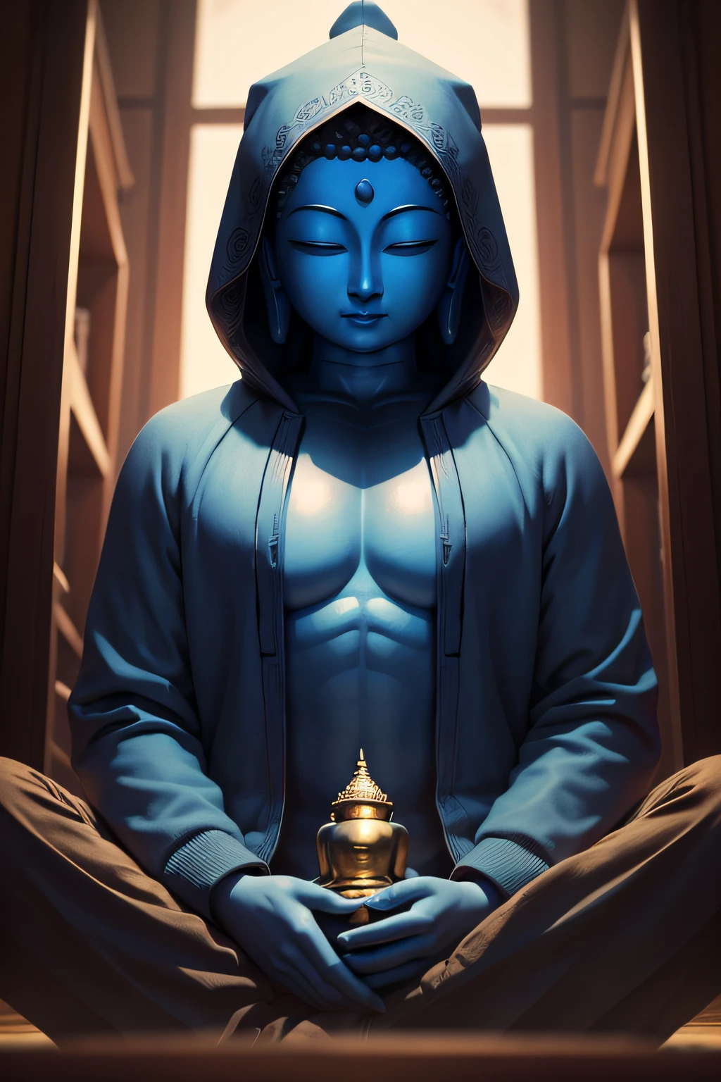 There is a blue Buddha statue facing the front and wearing a hoodie hood,Buddha, the buddha, buddhism, beautiful image,Buddha,Buddha