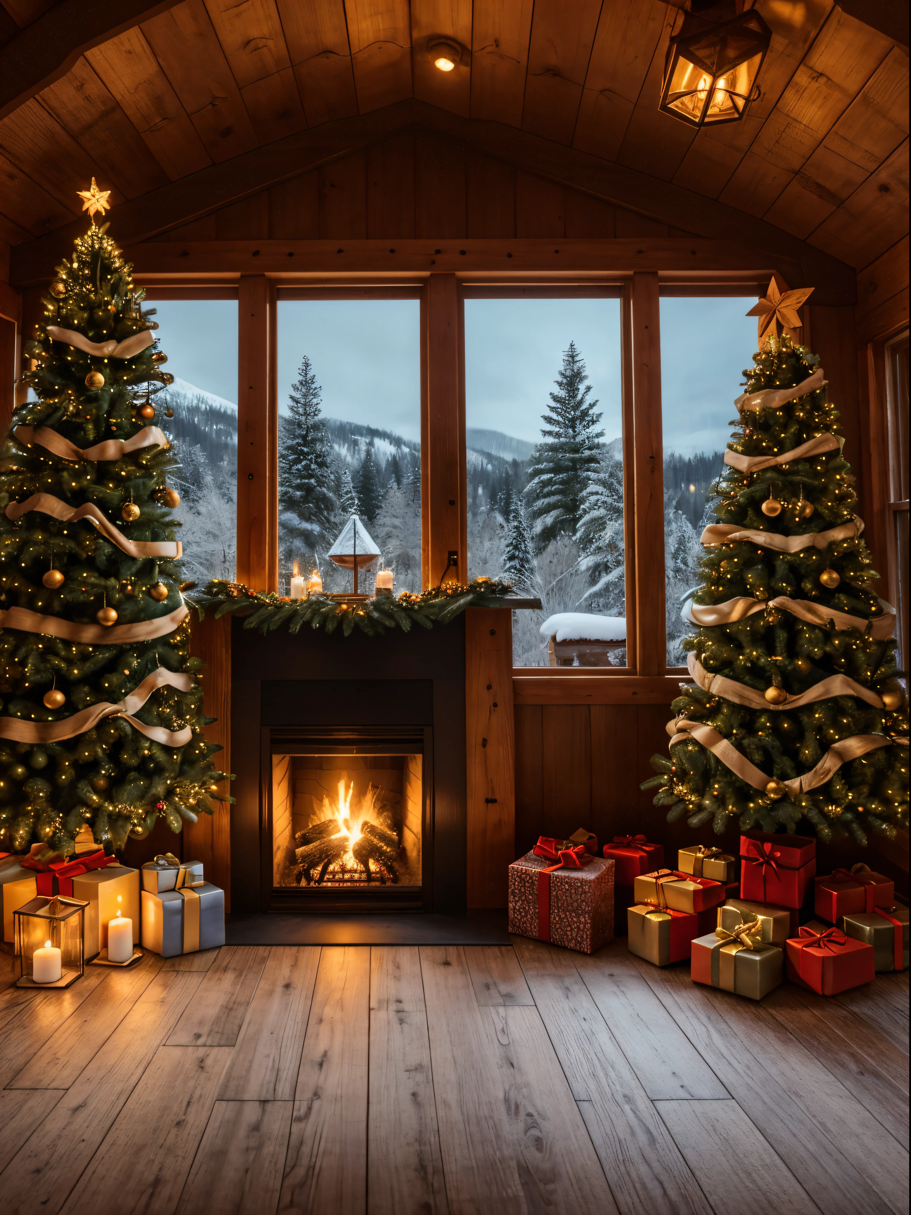 (best quality,highres:1.2,ultra-detailed,realistic),modern cabin interior,window showing winter night,warm fireplace,cozy atmosphere,snow-covered landscape outside,crackling firewood,burning logs,soft candlelight,golden glow,star-filled sky,wood textures,comforting blankets,comfy armchair,hot chocolate,melting snowflakes,peaceful silence,decorative wreath,holiday decorations,christmas tree,flickering candlelight,cozy winter retreat,warm hearth,woolen socks,crisp air,quiet snowy night,winter wonderland,log cabin charm,vintage decorations,frosty window panes,soft glow of moonlight,dreamy ambiance,steaming hot tea,roaring fire,alpine getaway,winter solstice,serene setting,natural beauty,romantic hideaway,woolen mittens,quiet solitude,enchanting night scene,cabin in the woods,captivating tranquility, ((flat wooden surface as foreground of the image:1.4)), ((christmas tree))