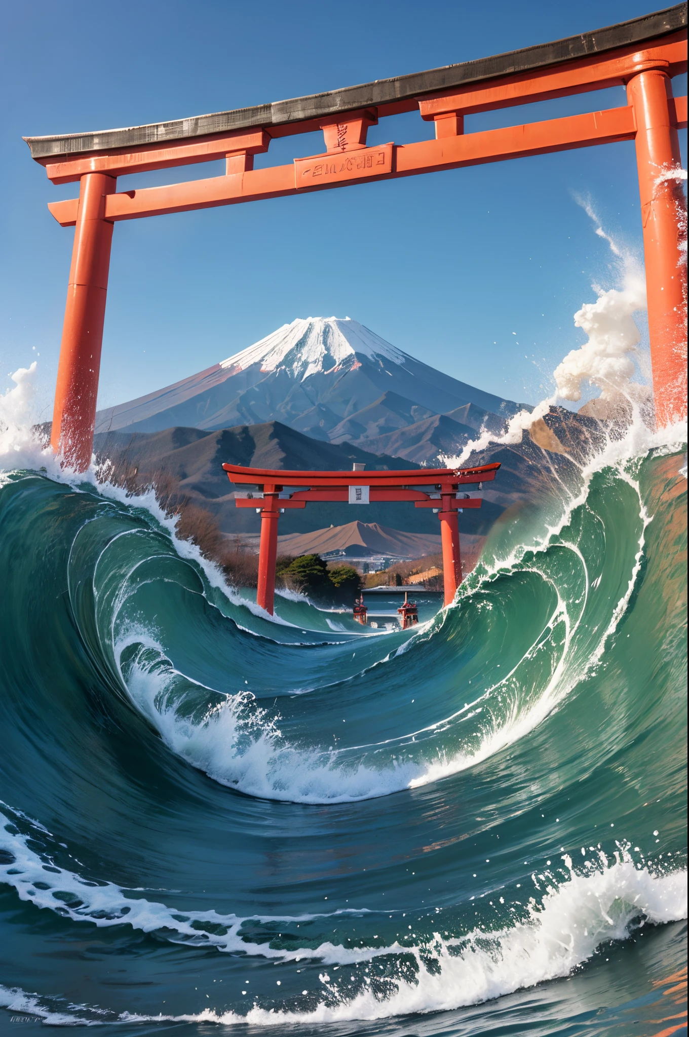 Mount Fuji with kanagawa wave and a torii gate