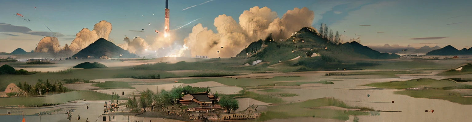 Chinese landscape painting style，Look，rocket launching into the sky，