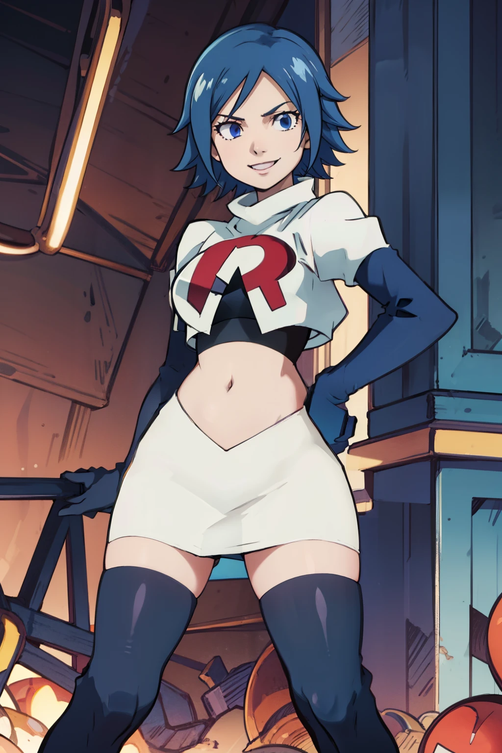 JUVIAJFT ,team rocket uniform, red letter R, white skirt,white crop top,black thigh-highs,black elbow gloves, smile, blue eyes, cowboy shot, posing