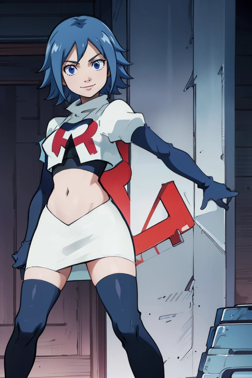 JUVIAJFT ,team rocket uniform, red letter R, white skirt,white crop top,black thigh-highs,black elbow gloves, smile, blue eyes, cowboy shot, posing